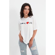 Isawella T-Shirt Bisiklet Yaka Bonjour Yazılı - Beyaz