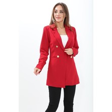 Isawella Omuzları Vatkalı Önü Çıtçıtlı Atlas Kumaş Kadın Blazer Ceket - Kırmızı
