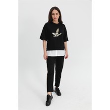 Isawella Takım Eteği Çimalı Kuş Baskılı Beli Lastikli T-Shirt Pantolon - Siyah