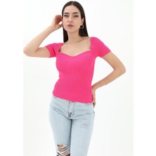 Isawella Prenses Yaka Kısa Kollu Triko  Kazak - Fuşya