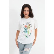 Isawella T-Shirt Bisiklet Yaka Çiçek Desenli - Ekru