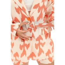 Isawella Kemerli Desenli Oversize Blazer Ceket - Turuncu