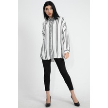 Isawella Balık Sırtı Kumaş Düşük Kol Çizgili Kadın Gömlek - Ekru
