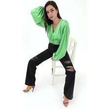 Isawella Beli Drapeli Balon Kol Bluz - Yeşil