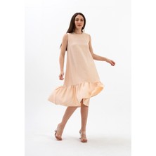 Isawella Kristal Keten Kolsuz Kadın Salaş Elbise - Somon
