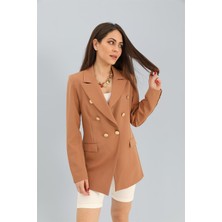 Isawella Blazer Fleto Cepli Atlas Kumaş Ceket - Camel