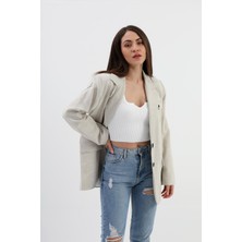 Isawella Blazer Ceket Çizgili Atlas Kumaş - Bej