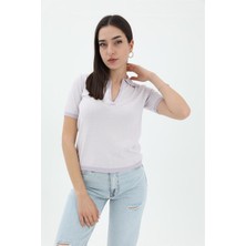 Isawella Ince Çizgili Polo Yaka Triko Kazak - Lila