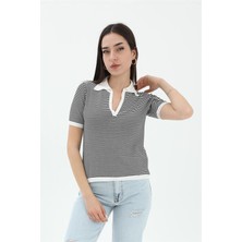 Isawella Ince Çizgili Polo Yaka Triko Kazak - Beyaz
