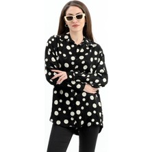 Isawella Düşük Kol Puantiye Desen Saten Gömlek - Siyah-Ekru