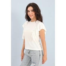 Isawella T-Shirt Bisiklet Yaka Kolları Fırfırlı - Beyaz