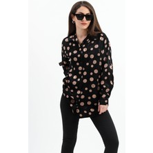 Isawella Düşük Kol Puantiye Desen Saten Gömlek - Siyah-Camel