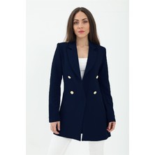 Isawella Omuzları Vatkalı Önü Çıtçıtlı Atlas Kumaş Kadın Blazer Ceket - Lacivert