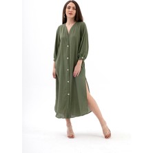 Isawella Truvakar Kol Önü Düğmeli Cepli Keten Elbise - Haki