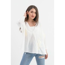 Isawella Keten Pul Payet Süzene Nakışlı Kimono - Ekru