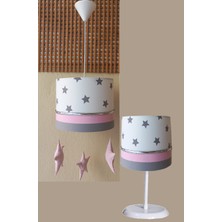 Onay Avize Beyaz Gri Pembe Yıldızlı M-0403 Kumaş Kaplama 2.li Set Çocuk Odası ve Bebek Odası Avize ve Abajur Takımı