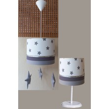 Onay Avize Beyaz Gri Yıldızlı M-0402 Kumaş Kaplama 2.li Set Çocuk Odası ve Bebek Odası Avize ve Abajur Takımı