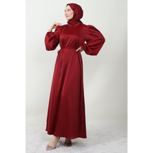 Giza Store Ince Kuşaklı Saten Elbise Bordo