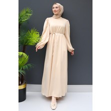 Giza Store Ince Kuşaklı Saten Elbise Krem
