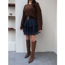 Esra Helvacı Dantelli Mini Kat Denim Etek