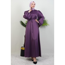Giza Store Ince Kuşaklı Saten Elbise Koyu Lila