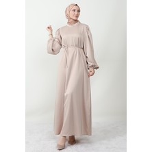 Giza Store Ince Kuşaklı Saten Elbise Bej