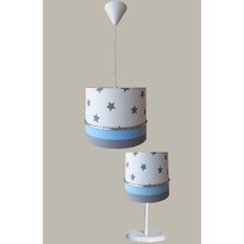 Onay Avize Beyaz Yıldızlı Mavi 2.li Set M-0408 Kumaş Kaplama Genç ve Çocuk Odası Avize ve Abajur Takımı