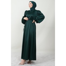 Giza Store Ince Kuşaklı Saten Elbise Zümrüt