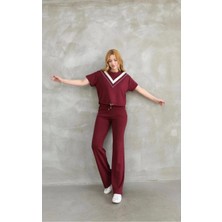 Rawea Fashion Osy Modal Yumuşak Dokulu Kumaş Bisiklet Yaka Parçalı Detaylı Kısa Kollu Takım - Bordo