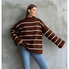 Mesga Butik Çizgili Ispanyol Kol Triko Boğazlı Kahve Beyaz Elf