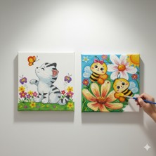 Dudu Ahşap Anaokulu İlkokul  Etkinliği 2'li Tuval Boyama Seti 20 x 20 cm Uv Baskı + 6 Akrilik Boya + 1 Fırça Model 24