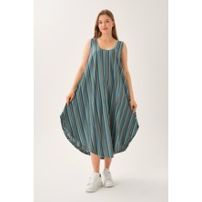 Asimetrik Kesim Çizgili Kolsuz Elbise