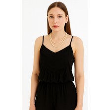 Sibel Günay Butik Kadın Ip Askılı Bluz | Dantel Detaylı | Ayarlanabilir Askı | Siyah