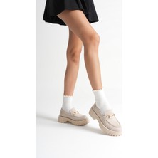 Mevese Aral Toka Detaylı Bej Süet Günlük Loafer Ayakkabı