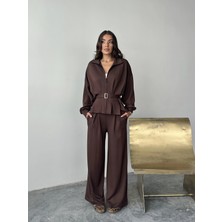 Pophlin Kahve Modal Pileli Bağlamalı Ceket Takım