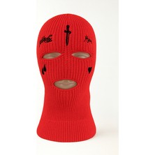 Verahed Göz Yaşı ve Kılıç Nakışlı Akrilik Unisex Kırmızı Kışlık Motorcu Maskesi Örgü Kar Maskesi