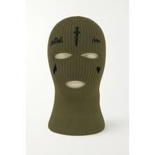 Verahed Göz Yaşı ve Kılıç Nakışlı Akrilik Unisex Haki Kışlık Motorcu Maskesi Örgü Kar Maskesi