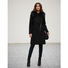 Barbora Kadın Kaşe Kışlık Kürklü Siyah Kaban