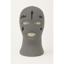 Verahed Göz Yaşı ve Kılıç Nakışlı Akrilik Unisex Gri Kışlık Motorcu Maskesi Örgü Kar Maskesi
