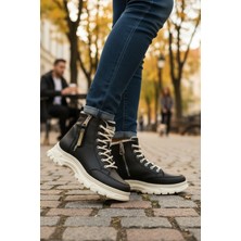 Veli Kundura Conpax 8091 Siyah & Bej Kadın Fermuarlı & Bağcıklı Bot