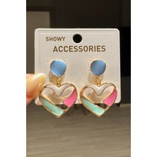 H&E Design Kadın Renkli Sallantılı Mineli Kalp Küpe