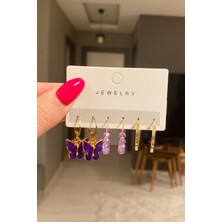 H&E Design Kadın 6'lı Krem Kelebek Küpe Seti