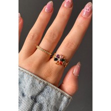 H&E Design Kadın Gold Renkli Lotus Çiçeği Kararmaz Ayarlanabilir Yüzük Seti