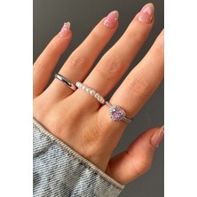 H&E Design Kadın 3'lü Pembe Kalp Taşlı Ayarlanabilir Yüzük Seti