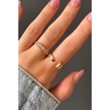 H&E Design Kadın 2'li Gold Üstten Ayarlanalı Çivi Model Kararmaz Yüzük