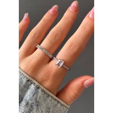 H&E Design Kadın Gümüş Renk 2'li Baget Kesim Premium Ayarlanabilir Yüzük