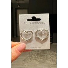 H&E Design Kadın Gümüş Renk Taşlı Kalp Tarz Küpe