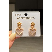 H&E Design Kadın Sallantılı Incili Kalp Küpe