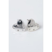 H&E Design Kadın Gümüş Renk Taşlı Kalp Heart Küpe