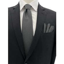 Brianze 7 cm Siyah Beyaz Desenli Kravat Mendil Set